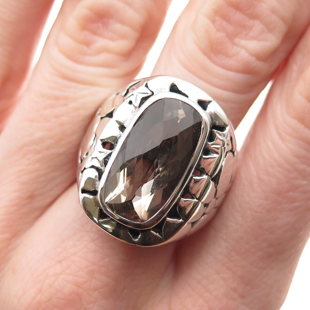 Sajen 925 Sterling Silver Vintage Real Smoky Quartz Modernist Ring Size 9